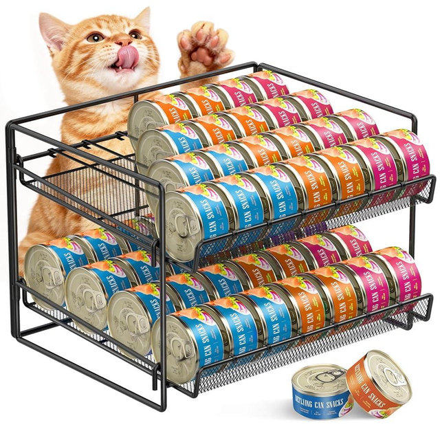 Cat Food Can Organizer, Can Organizer for Pantry, 2-Tier Metal Cat Food Storage Container Holds 56 (3.5oz) Cans，Adjustable Canned Food Organizer and Storage for Counter Kitchen Cabinet (Black, 2 Tier)