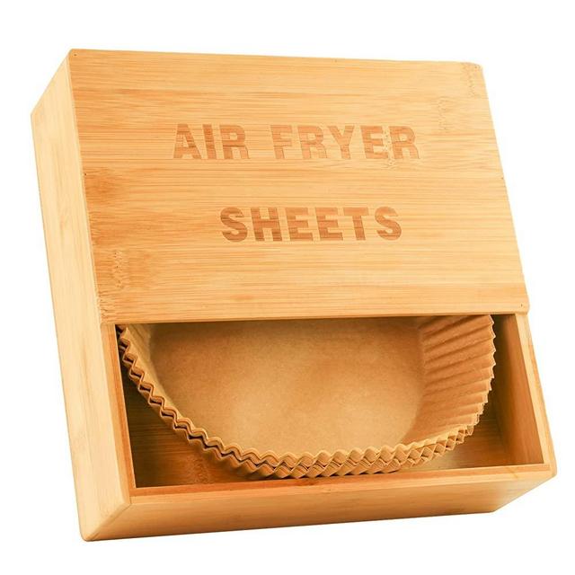 LandHome Bamboo Storage Box Air Fryer Sheets - 100% Bamboo Storage Organizer - Store Round or Square Air Fryer Liners - Air Fryer Parchment Paper Liners Storage Box Fits up to 8.5” Baking Sheet Paper