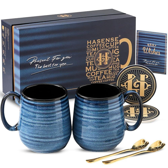 Hasense Coffee Mugs Gift Set, 20 oz Ceramic Coffee Cups for Men and Women, Premium Large Tea Cups Gift Box with Coaster & Gold Spoon, Blue Couple Mugs for Mother's Day Birthday