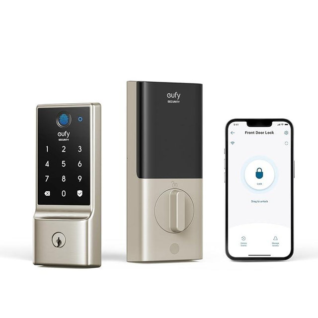 eufy Smart Lock C220, Fingerprint Keyless Entry Door Lock, Built-in Wi-Fi, App Remote Control, Front Door Smart Deadbolt, 8-Months Battery, Reliable Power, IP53 Waterproof, BHMA Certified, Nickel