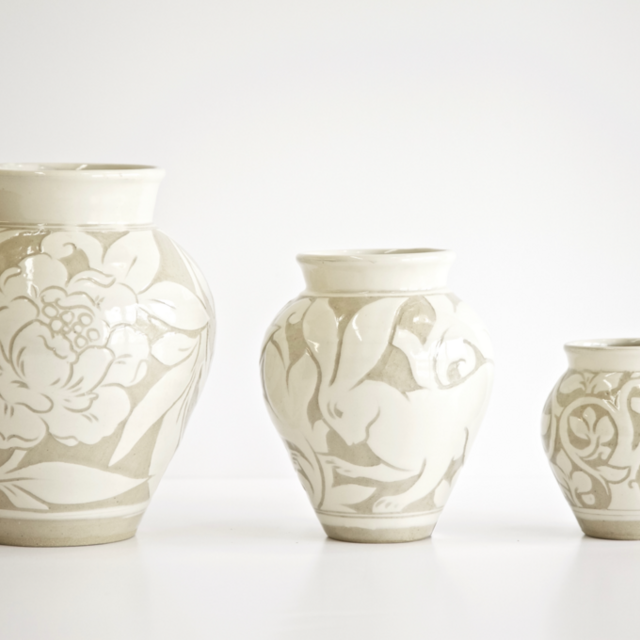 Cream Carved Vases - Large Peony