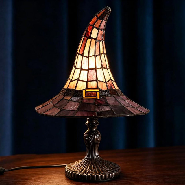Stained Glass Witch Hat Lamp - Handcrafted Retro Resin Witch Lamp, USB Powered Gothic Wizard Hats Night Light, Halloween Home Decor Accent Lamps for Bedroom & Bookshelf (Purple)