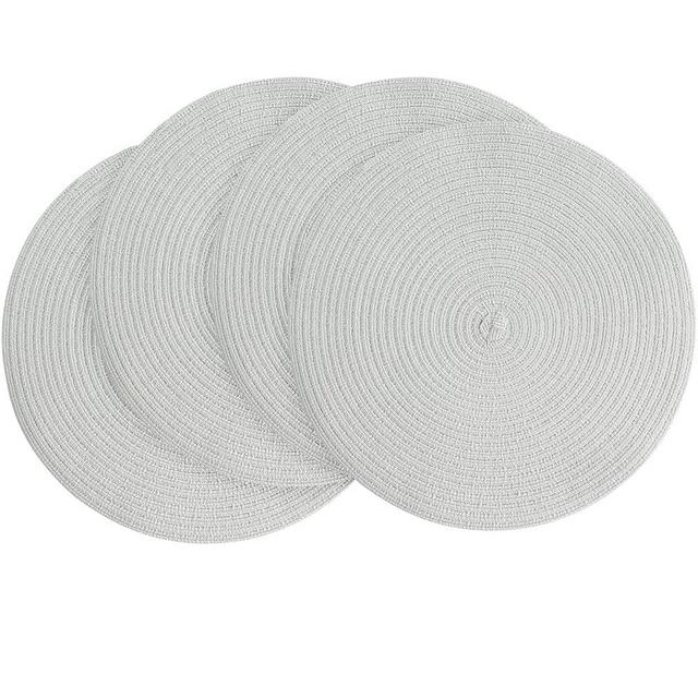 Floroom 15 Inch Round Braided Placemats Set of 4, Washable Heat Resistant Cotton Polyester Circle Place Mats for Kitchen Dining Table - Silver Grey