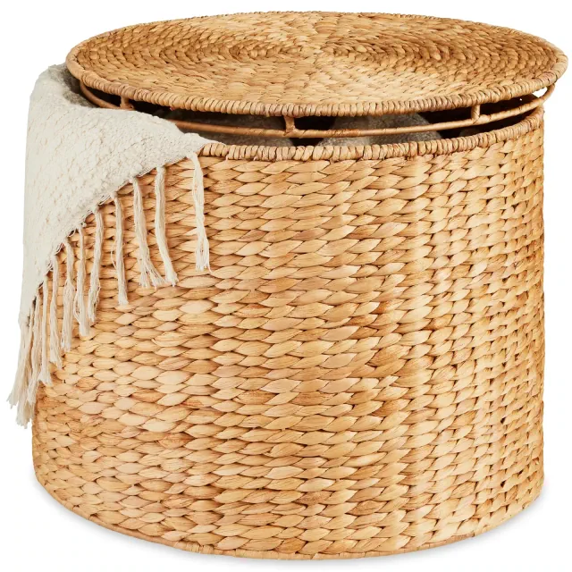Best Choice Products Large Round Storage Ottoman W/ Lid, Handwoven Water Hyacinth Footstool - Natural