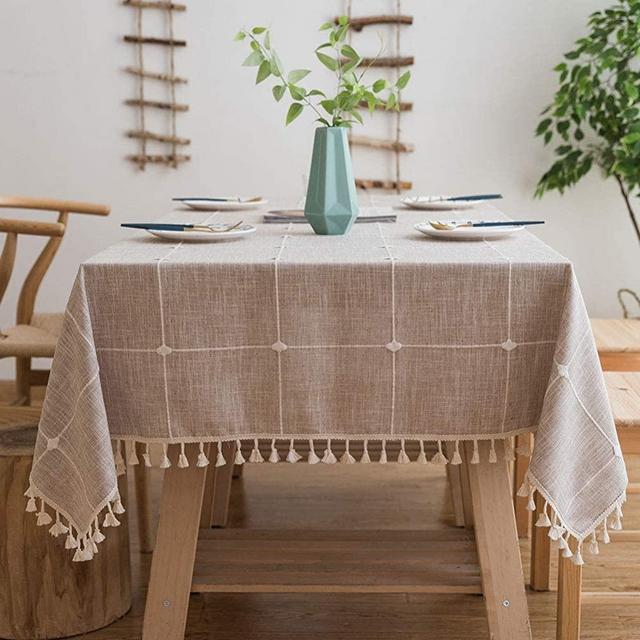 Lipo Waterproof Tablecloth Embroidery Burlap Linen with Tassel - Heavy Duty Wrinkle Free Rectangle Table Cloth for 6 Foot Tables Rustic Farmhouse Tablecloths for Outdoor Indoor Use 55x86 Light Brown
