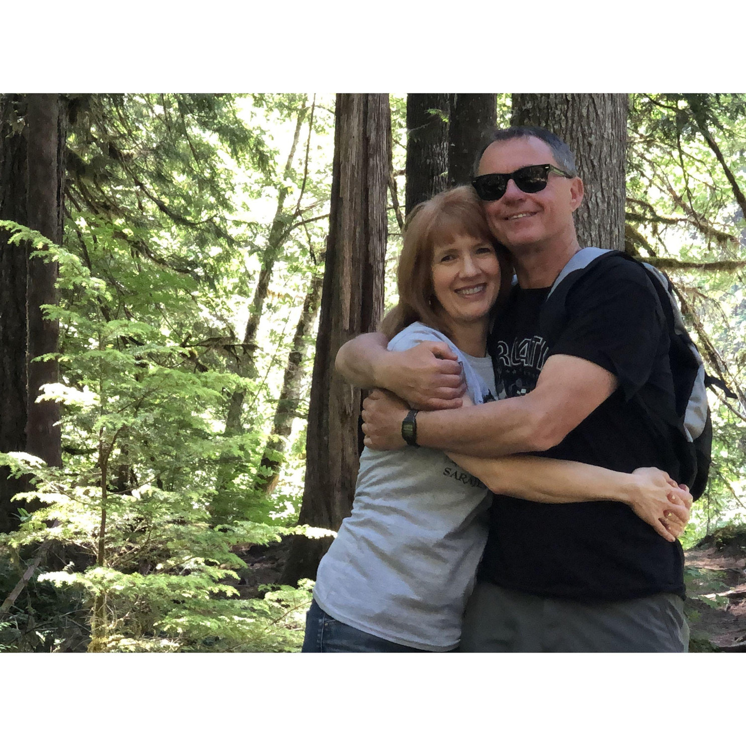 Hiking, hugging, hugging, hiking...on Salmon River Trail outside of Sandy, OR.