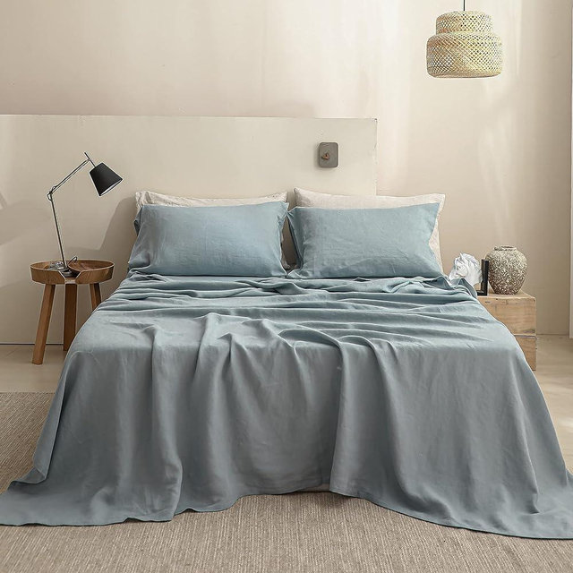 Simple&Opulence 100% Linen Sheet Set Solid Color-4 Pcs Washed French Linen Bed Sheets(1 Flat Sheet,1 Fitted Sheet,2 Pillowcases)-Breathable Bedding Set(California King, Dusty Blue)