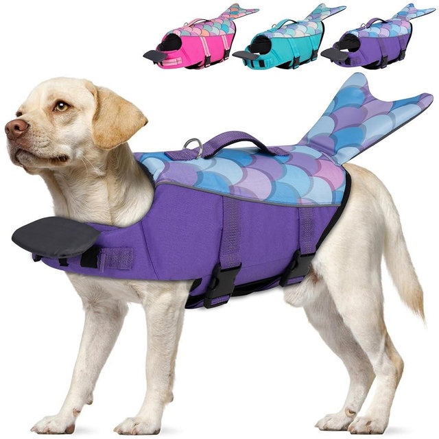 cyeollo Dog Life Jacket Reflective Mermaid Dog Life Vest for Swimming Boating, High Buoyancy Pet Life Preserver Lightweight Small Medium Large Dog Lifejackets with Front Float, Purple L