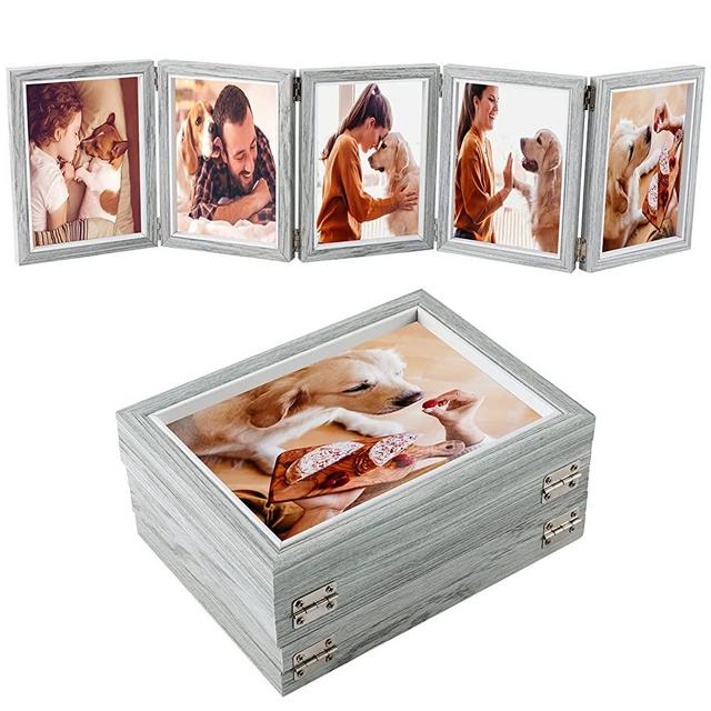 5 Folding 5" x 7" Hinged Picture Frame, Natural Wood Made, Foldable Photo Frame with High Definition Acrylic, Rustic Desk Family Picture Collage for Thanksgiving Christmas Valentine's Day (Gray blue)