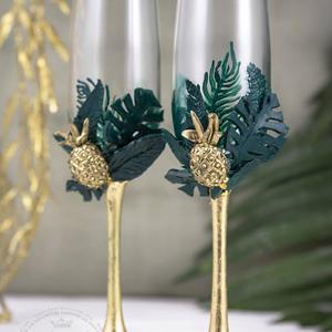 Champagne Glasses, Tropical Wedding, Gold Pineapple Wedding Decor, Personalized, 2 pcs