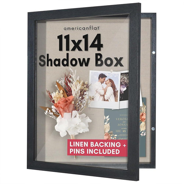 Americanflat Front Opening 11x14 Shadow Box Frame with Shatter-Resistant Glass - Silhouette Collection - Shadow Box Display Case for Tabletop and Wall Display - Black