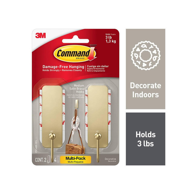 Command 2pk Medium Satin Brass Damage-Free Hooks