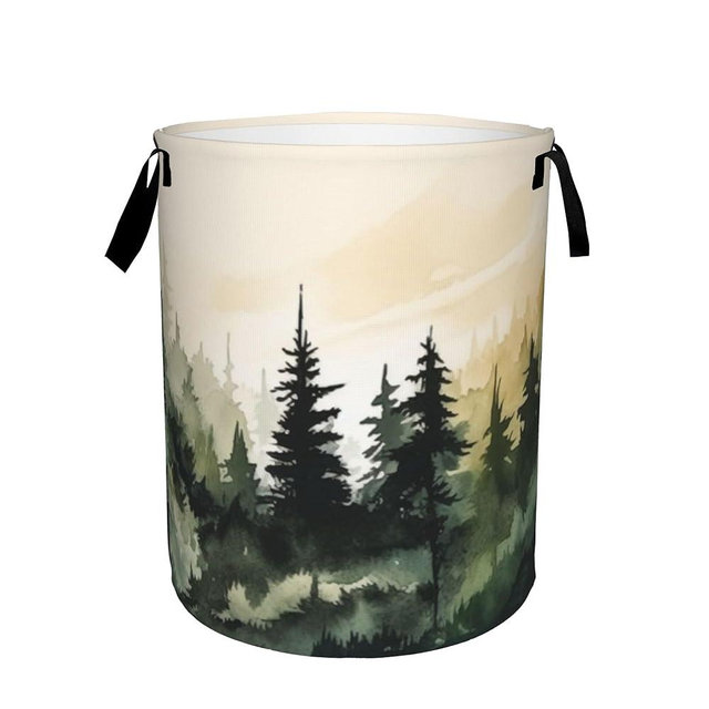 Mountain Forest Laundry Basket,Large Watercolor Landscape Laundry Hamper/Bathroom/Home Decor/Collapsible Round Storage Bin,Boys Girls Dirty Clothes Hamper/Boxes/Toys Storage 16x20 Inch