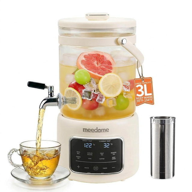 Meedome 3L Electric Kettle & Beverage Dispenser with Infuser, Spigot - All-in-One Health Pot for Iced Tea/Coffee, Temperature Control, Glass Pitcher - Home & Office Use