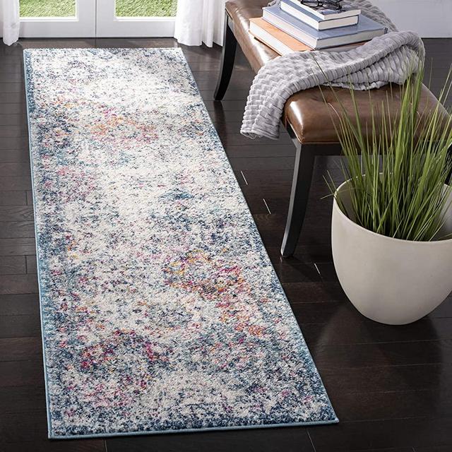 SAFAVIEH Madison Collection MAD611N Boho Chic Floral Medallion Trellis Distressed Non-Shedding Living Room Entryway Foyer Hallway Bedroom Runner, 2'3" x 6' , Navy / Teal