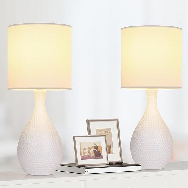 TUUANA 16.6in Ceramic Table Lamps Set of 2, Modern White Lamps for Living Room End Table, Bedside Nightstand Lamps for Bedroom Dorm Office, Coastal Lamps with Ceramic Vase Bases(Bulb not Included)