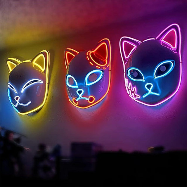 ZZXIAOJIE Demon LED Mask Slayers Costume Props Japanese Anime Plastic Fox Face Cosplay Glowing Masks for Adult Masquerade