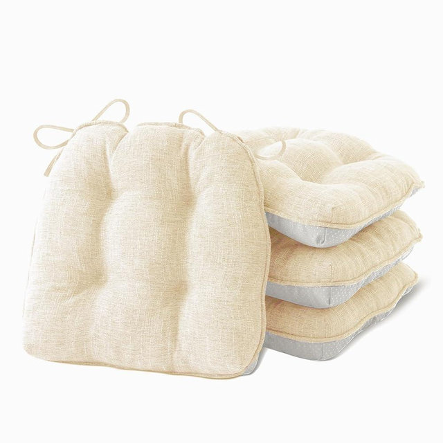 IPYNBAP Chair Cushions for Dining Chairs Set of 4, Kitchen Chair Cushions, Chair Pads with Ties and Non Slip Backing, Tufted Memory Foam Seat Cushion 4 Pack, 15.5" x 15.5" x 4", Cream
