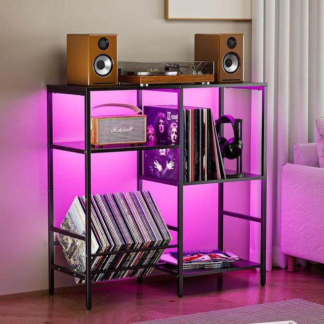 Record Player Stand with LED Light, Turntable Stand with Vinyl Storage - Up to 300+ Albums, 3-Tier Record Player Table Cabinet, Adjustable Shelf & V-Shaped Holder, Vinyl Display Shelf for Living Room