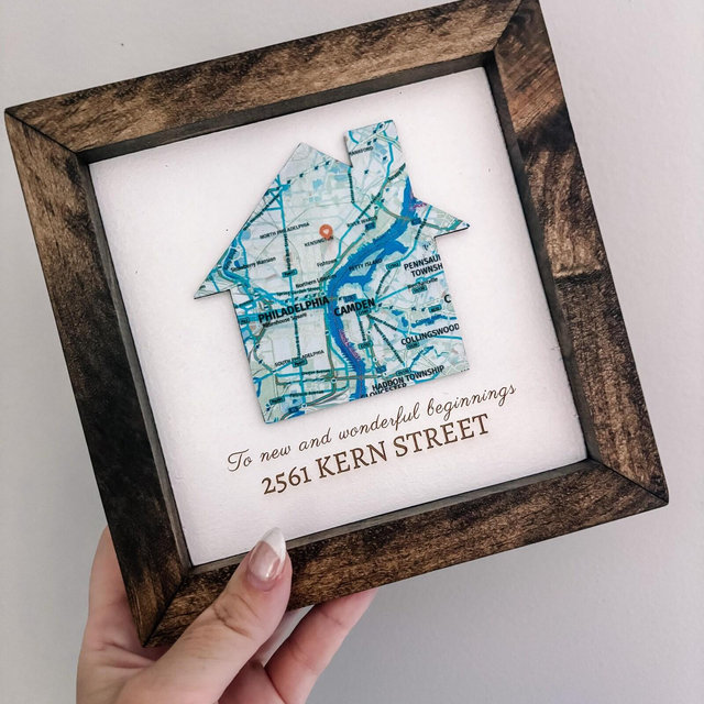 Handcrafted Housewarming House map with engraved name and address art sign