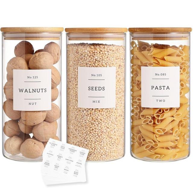 CZZGSM 3 Pack Glass Jar with Airtight Bamboo Lid and White 132 Kichen Pantry Labels Preprinted - 44 Oz Clear Tall Glass Food Storage Containers set For Cereal Rice Oat Sugar Tea Coffee Beans