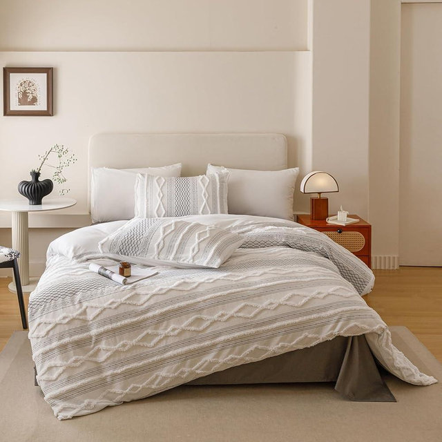 Cottonight White Black Boho Comforter Set Queen Farmhouse Tufted Bedding Set Soft Bohemain Shabby Chic Blanket Quilts Embroidery Rustic Luxury Soft 3PCS Bed Set for Women Men