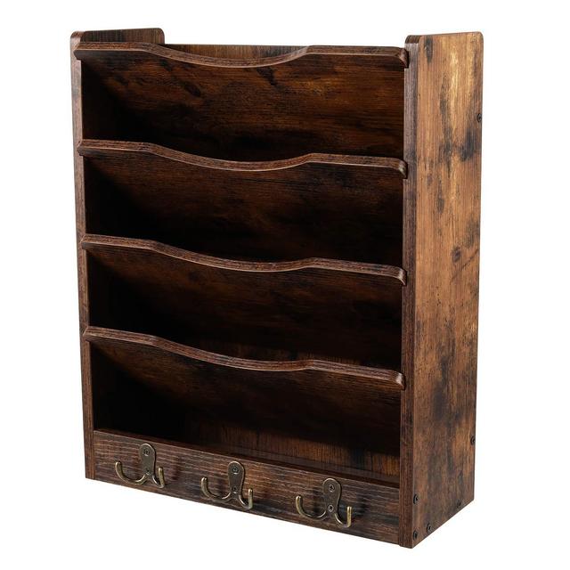 PAG 5-Tier Wall File Holder Hanging Mail Organizer Wood Magazine Literature Rack with 6 Hooks, Retro Brown