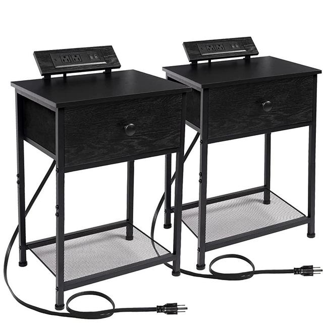 AMHANCIBLE Black Nightstands Set of 2, End Tables Living Room with Charging Station, Night Stands with USB Ports & Power Outlets, Side Table with Storage Drawers for Bedroom (Black)