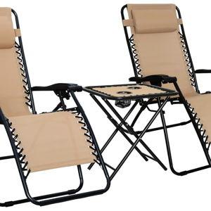 Amazon Basics Outdoor Textilene Adjustable Zero Gravity Folding Reclining Lounge Chair Set with Cup Holder, Side Table, Headrest, Weather-Resistant, 35 x 26 x 43 inches, Beige, 2-Pack