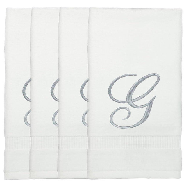 Monogrammed Fingertip Towels, Personalized Gift, 11 x 18 Inches - Set of 4 - Silver Script Embroidery - Extra Absorbent 100% Turkish Cotton- Soft Terry Velour- for Bathroom, Kitchen and Spa- G White