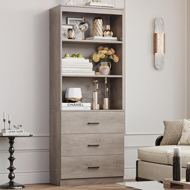 FOTOSOK 71”H Grey Bookshelf with Drawers, Bookshelf and Bookcase with 3-Tier Open Shelves, Tall Bookcase Tall Storage Cabinet for Home Office, Ash Grey