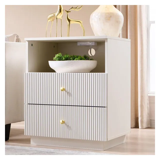 SinCiDo Nightstand w/Charging Station, 21.65" Modern Fluted Bedside Table w/2 Storage Drawers & Open Shelf, Wood End Table for Bedroom, White