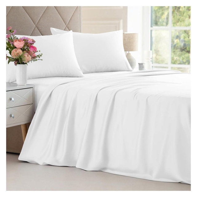 CGK Linens 100% Rayon from Bamboo Cooling 4 Piece Sheet Set - Deep Pocket Soft Bed Sheets in White, Size King