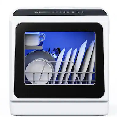SIMZLIFE - Portable Mini Countertop Dishwasher - 5-Liter Built-in Water Tank, 5 Washing Programs, Air-Dry Function, 4 Place Setting - Black&White