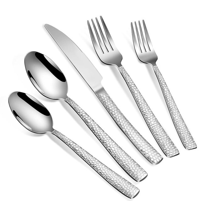 40-Piece Silverware Set, Silver Hammered Stainless Steel Flatware Sets for 8, Food-Grade Tableware Set, Including Fork Knife Spoon Set, Home Kitchen Cutlery Sets, Dishwasher Safe