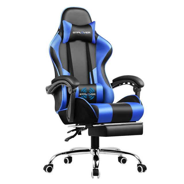 Gaming Chair with Footrest and Ergonomic Lumbar Massage Pillow PU Leather Office Chair Blue - GTRACING: Swivel Recliner, High-Back Support