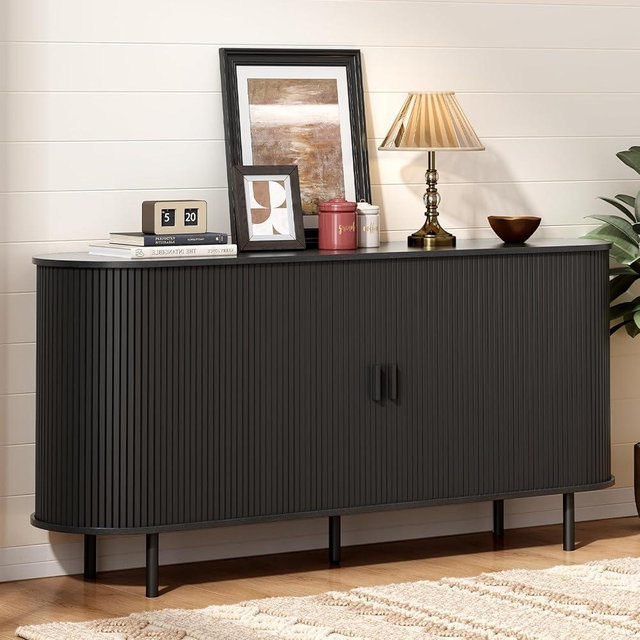 ONBRILL 63" Sideboard Buffet Cabinet with Storage, Storage Cabinet with Sliding Door & Adjustable Shelf, Modern Accent Coffee Bar Console Table for Kitchen, Entryway, Black
