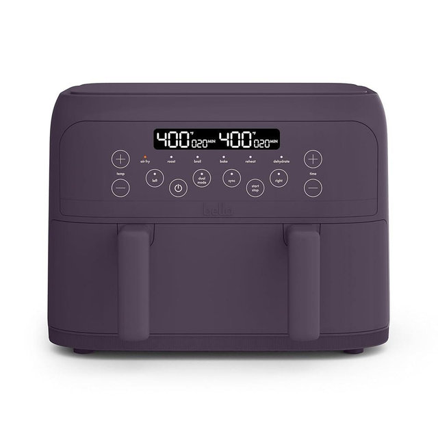bella 4 Qt TriZone Air Fryer, EverGood™ Ceramic Nonstick Coating, Dual Basket Design w Removable Divider, Digital Touchscreen Control w 6 Preset Cooking Options, 1200 Watt, 3lb Capacity, Plum