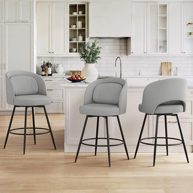 LUE BONA 26''H Swivel Bar Stools Set of 3, Counter Height Bar Stools with Backs, Lumbar Pillow and Black Metal Frames, Upholstered Morden Barstools for Kitchen Island, Linen Farbic, Gray