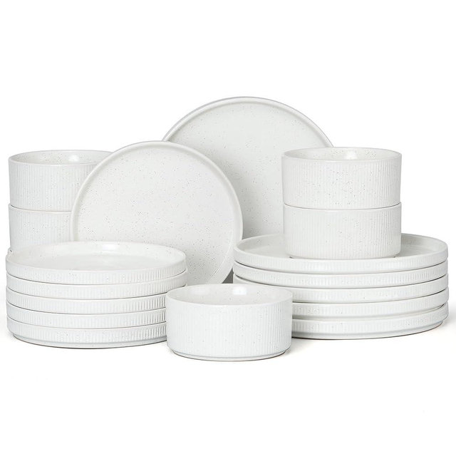 E-far Stoneware Dinnerware Sets, 18-Pieces Modern Plates and Bowls Sets, Kitchen Dinning Porcelain Dishes Set for 6, Chip & Scratch Resistant, Dishwasher & Microwave Safe, Speckled White