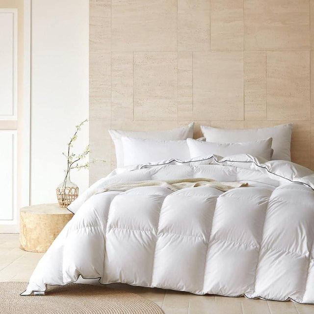 Ousidan Goose Feather Down Fiber Comforter Queen Size,100% Organic Cotton Duvet Insert,All-Season Luxury Duvet Insert with Baffle Box Design, 700+Fill Power Hotel Collection Bedding Comforter