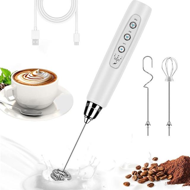 BSRGMS Milk Frother Handheld for Coffee, Electric Whisk 3 Speed Adjustable, Drink Mixer with Stainless 3 Whisks, Rechargeable Hand Frother Wand, Foam Maker for Latte Cappuccino Hot Chocolate Egg White