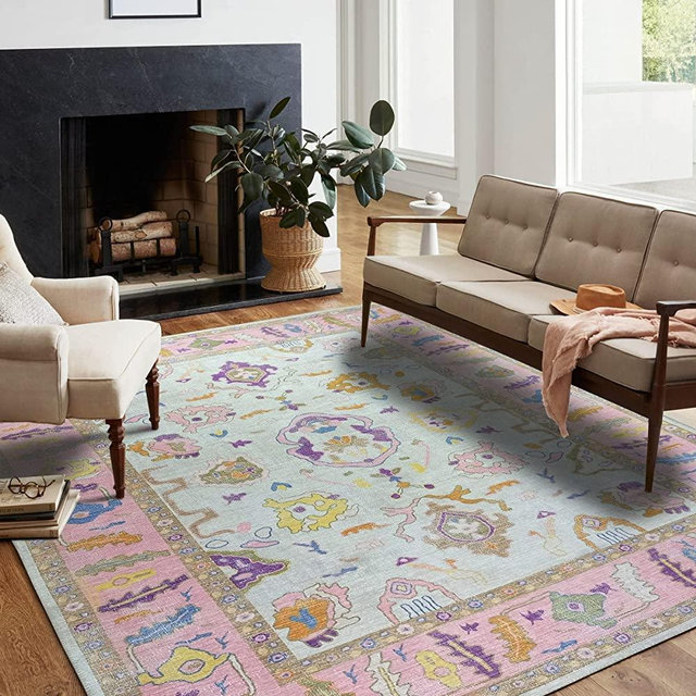 Modern Oushak Rug, Pink Bordered Vintage Turkish Pastel Colorful Oriental Inspired Area Rugs, Luxury Living Room Bedroom Nursery, 7'5" x 9'8"