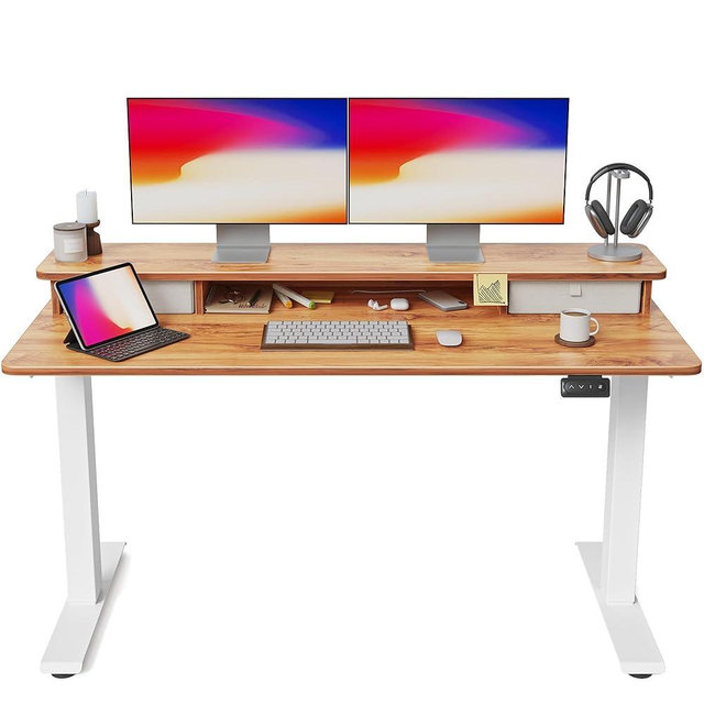 FEZIBO 55 x 24 Inch Height Adjustable Electric Standing Desk with Double Drawer, Stand Up Desk with Storage Shelf, Sit Stand Desk, Light Wood