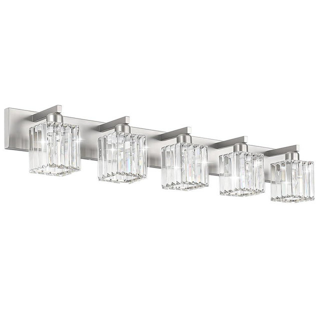 Aipsun Brushed Nickel Bathroom Lighting Fixtures 5 Light Vanity Light Crystal Modern Bathroom Vanity Light (Exclude Bulb)