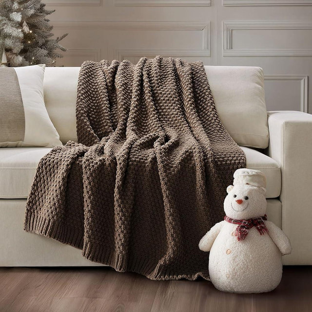 EVERGRACEHOME Chunky Chenille Knit Throw Blanket for Couch, Soft Luxurious Moss Stitch Blankets for Bed, Cozy Decorative Farmhouse Knitted Throws for Sofa, Cocoa Brown, 60" x 80"