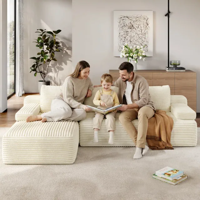 Yaheetech 110inch 3-Seat L-Shaped Modular Sectional Sofa Couch Cloud Couch Deep Seat & Detachable Pillows for Living Room, Beige