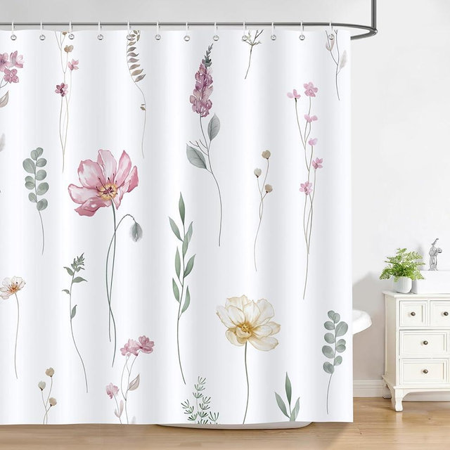 Bonhause Watercolor Floral Shower Curtain, Pink Beige Flower Leaves Modern Minimalist Bathroom Decor 72 x 72 Inch Polyester Fabric Waterproof Bath Curtain with 12 Hooks