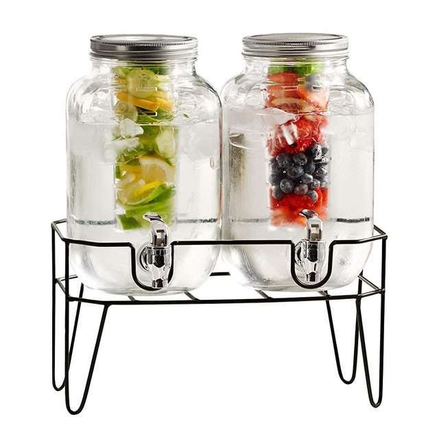 Style Setter Clifford Set of 2 Beverage Dispensers with Infuser & Metal Stand Cold Drink with 4 Liter Each Capacity Glass Jug and Acrylic Spigot in Gift Box for Parties, Clear