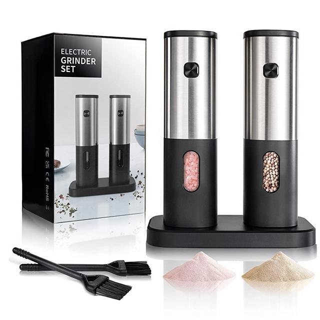 Salt and Pepper Grinder Set Battery Operated, Electric Salt and Pepper Grinder Set, Electric Salt Grinder with Storage Base, One Hand Automatic Operation, Stainless Steel Black 2 Pack